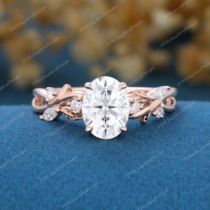 Nature Inspired Oval Moissanite Engagement Ring, 14K Rose Gold Leaf Branch, Moissanite propose ring twist Bridal Ring promise Gift for women