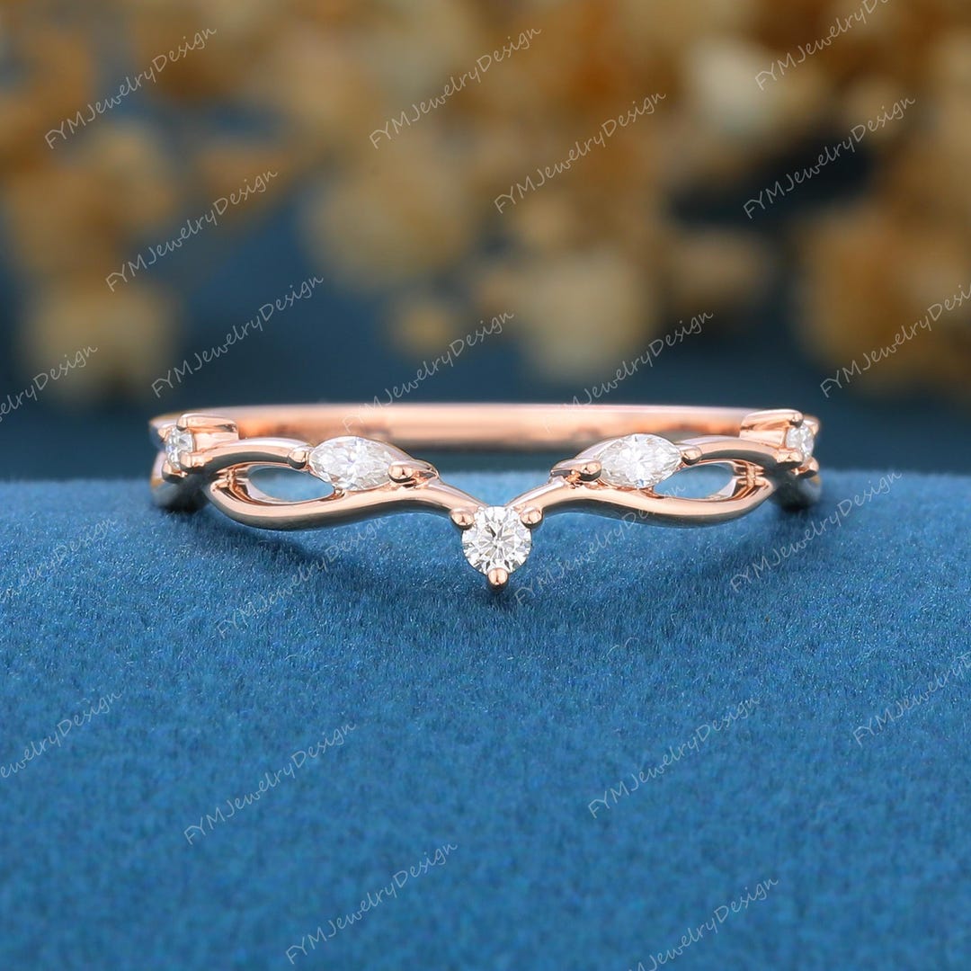 Marquise Moissanite Curved Wedding Band Solid Rose Gold Diamond ...