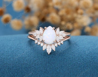 Pear shaped Opal engagement ring set vintage rose gold ring marquise Cluster diamond  unique curve ring matching Wedding Anniversary gift