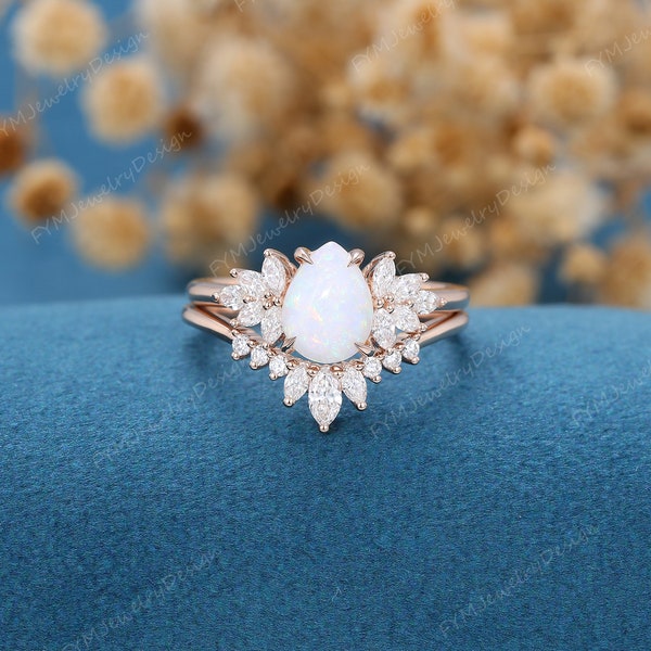 Pear shaped Opal engagement ring set vintage rose gold ring marquise Cluster diamond  unique curve ring matching Wedding Anniversary gift