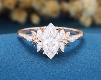 1.0CT Marquise cut Moissanite Engagement Ring, Yellow Gold Moissanite Cluster Branch Design propose ring Bridal Ring Anniversary Women Gifts