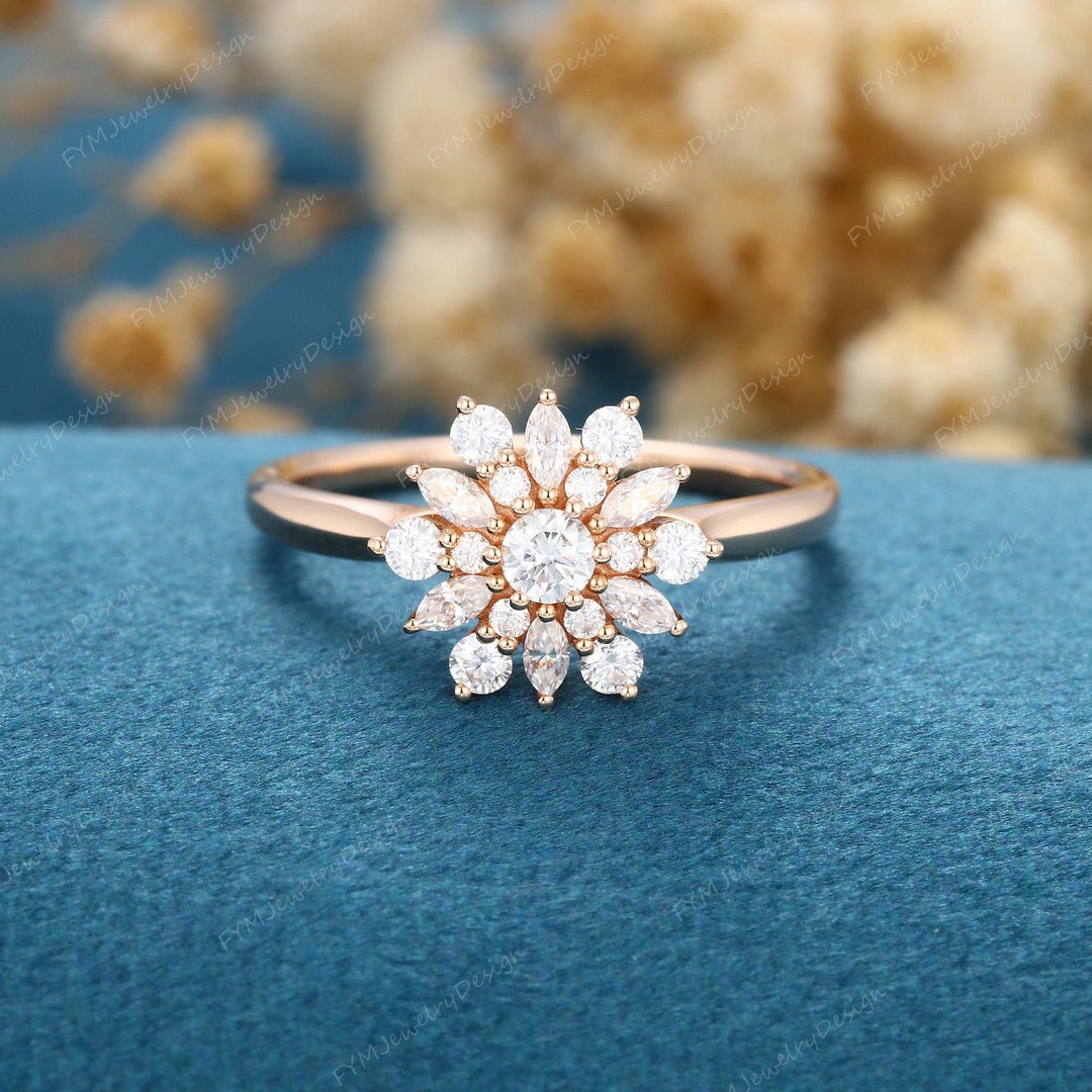 Moissanite Flower Cluster Ring Rose Gold Vintage Unique - Etsy