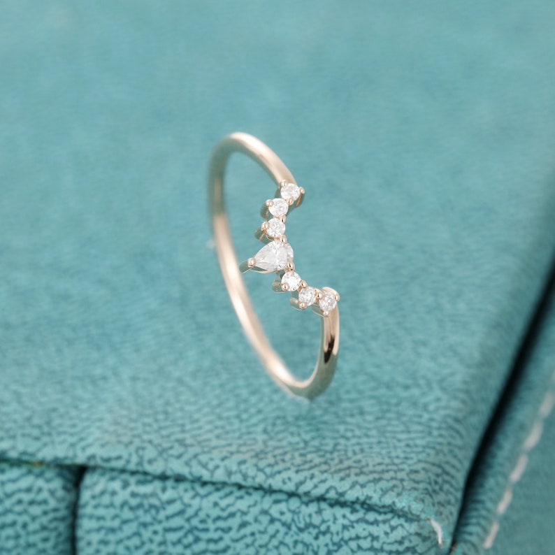 Curved wedding band Rose gold Pear shaped Moissanite ring vintage Unique Stacking ring women Matching band Promise Anniversary gift for her