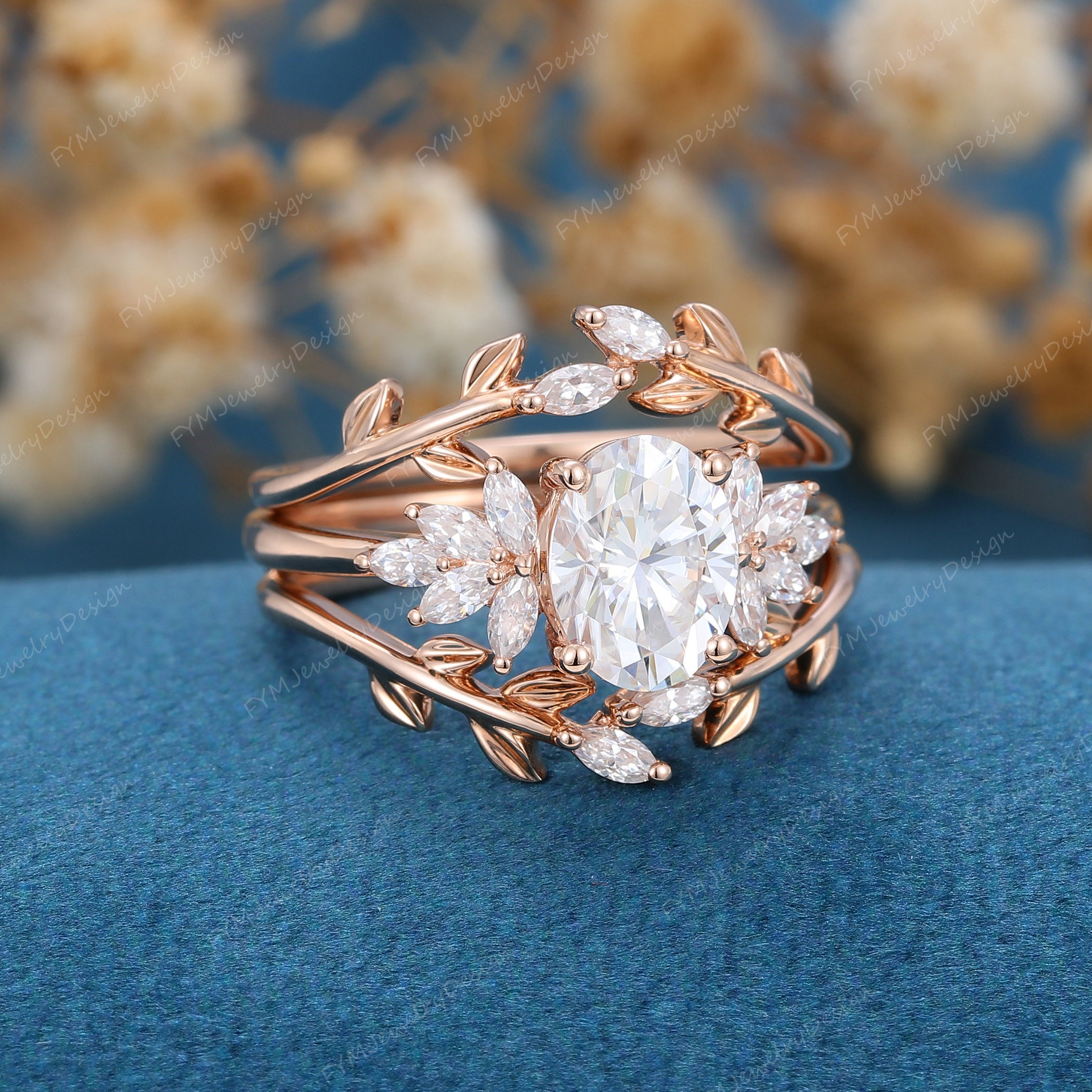 Oval Cut Moissanite Engagement Ring Set 14K Rose Gold Floral Bridal ...