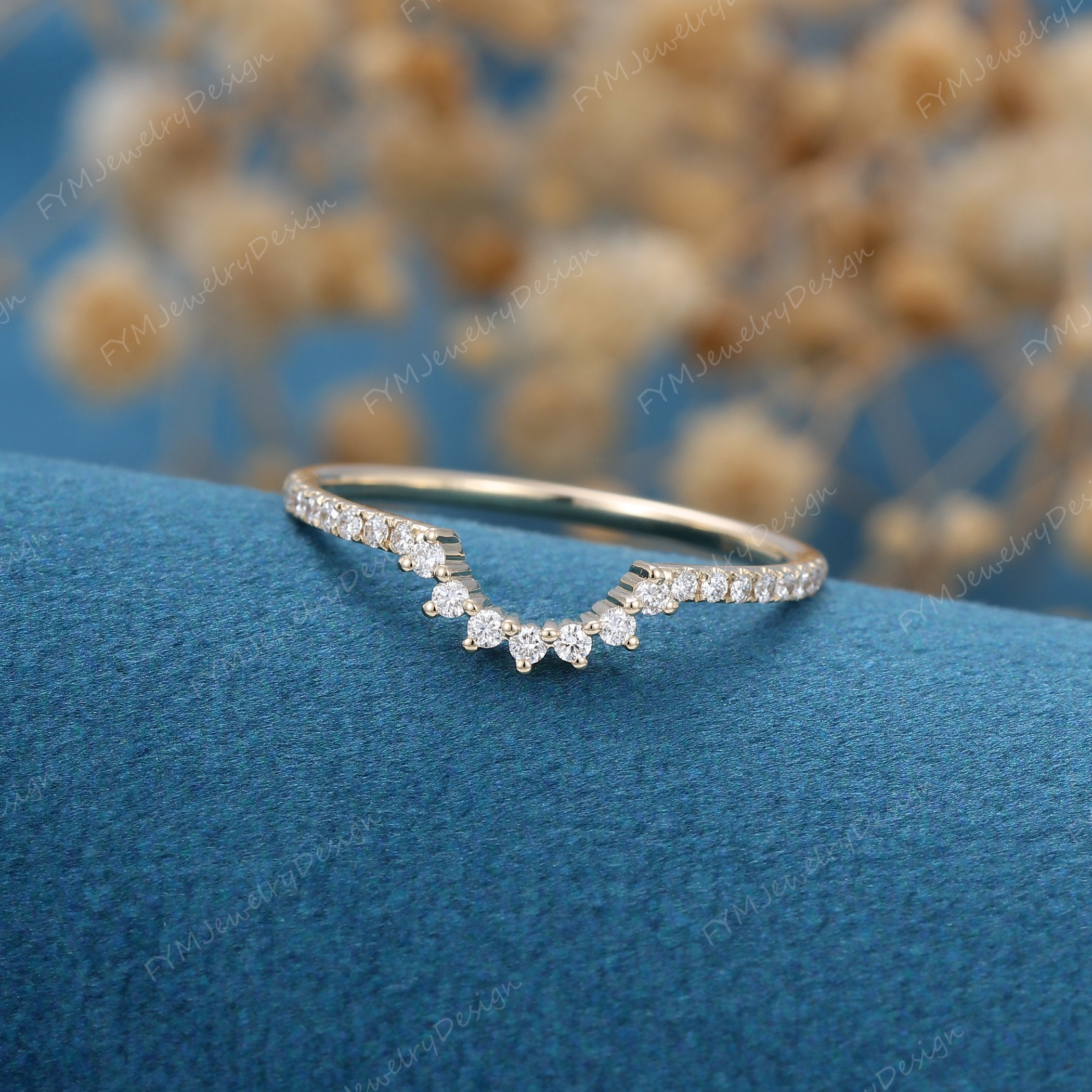Unique Curved Wedding Band Women Yellow Gold Vintage Moissanite ...