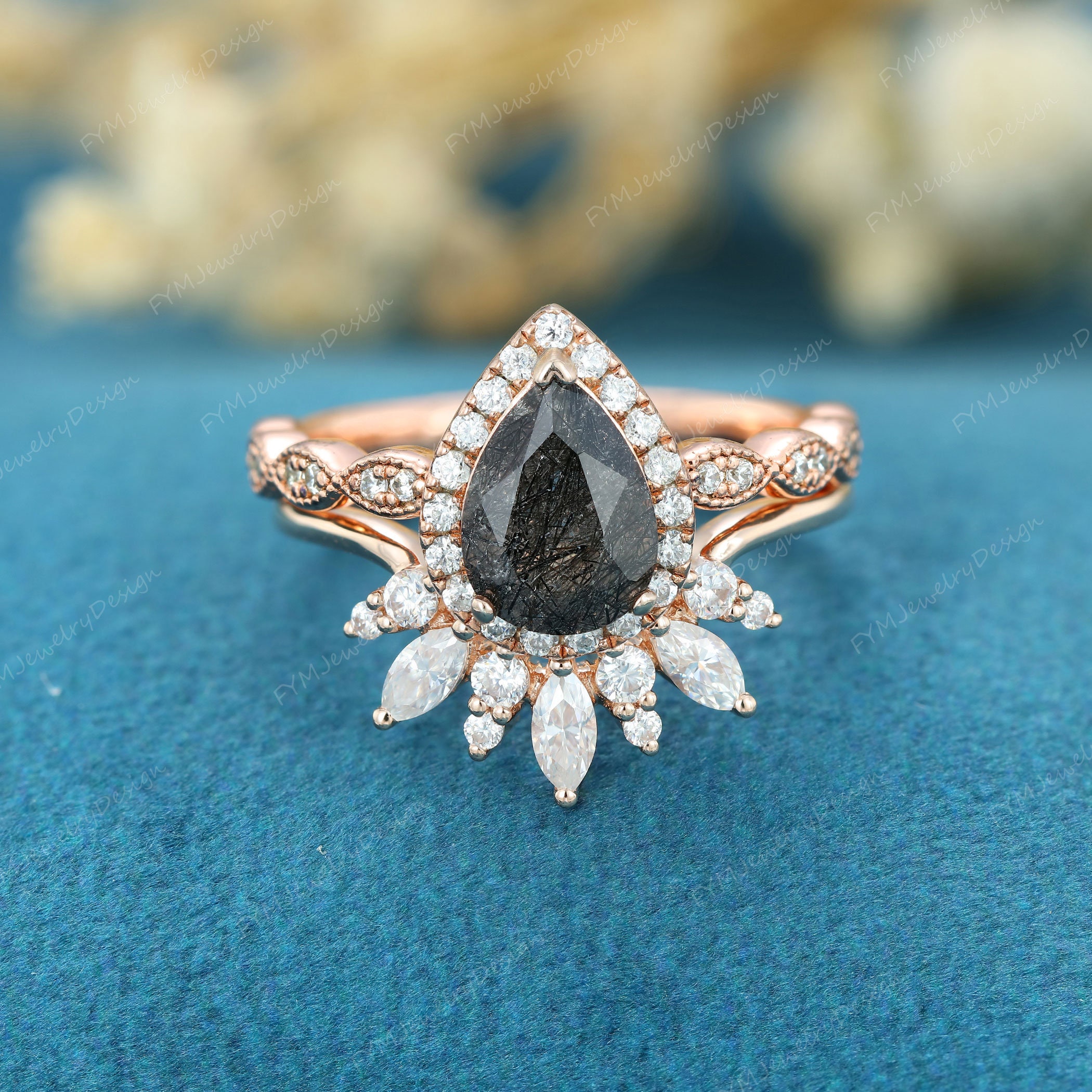 2PCS Pear Shaped Black Quartz Engagement Ring Set Diamond Rose - Etsy