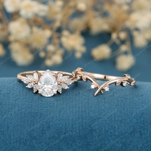 Pear Moissanite Engagement Ring Set: Rose Gold Twig Bridal Set