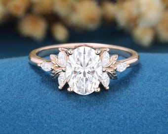 Oval shaped Moissanite Engagement Ring, 14K Rose Gold Moissanite Cluster Branch Design propose ring Bridal Ring Anniversary Gifts for Women