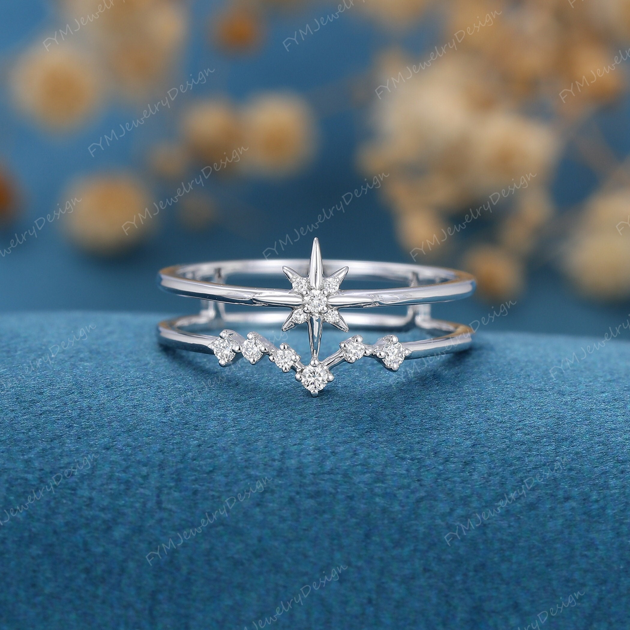 North Star Diamond Ring White Gold Star Wedding Ring Dainty Gold