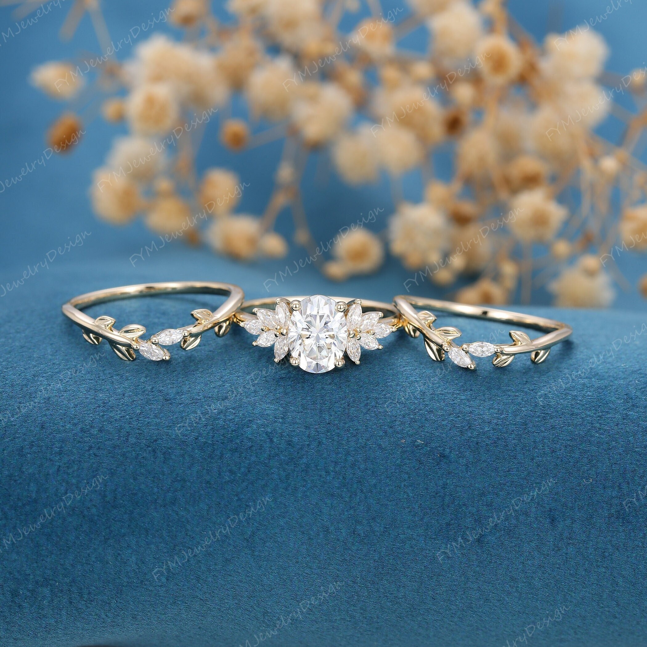 Oval Cut Moissanite Engagement Ring Set Vintage 10k/14k Yellow Gold ...