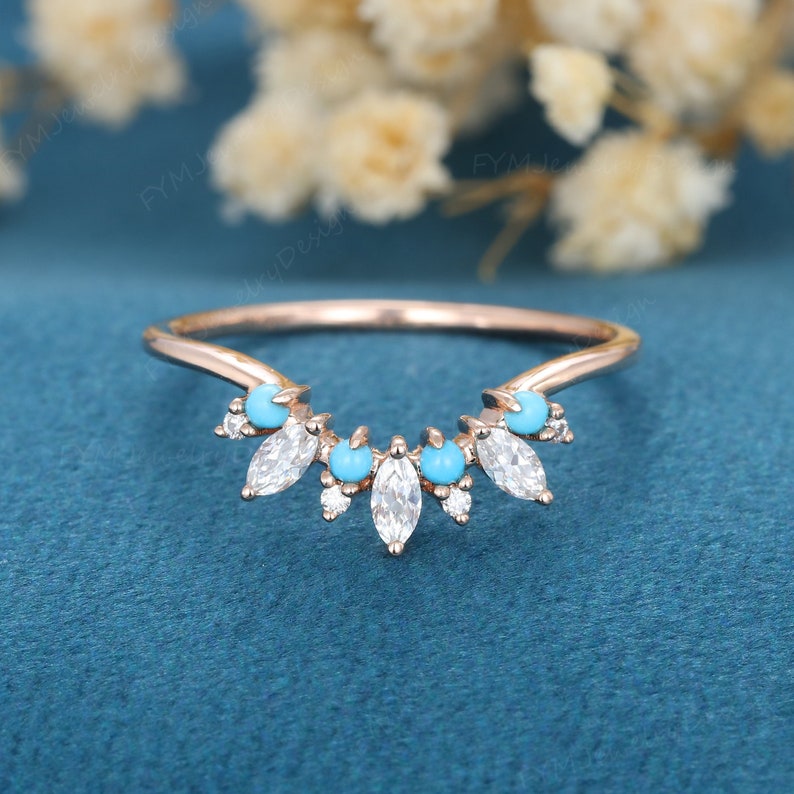 Marquise Cut Moissanite Curved Wedding Band Unique 14k Rose Gold ...