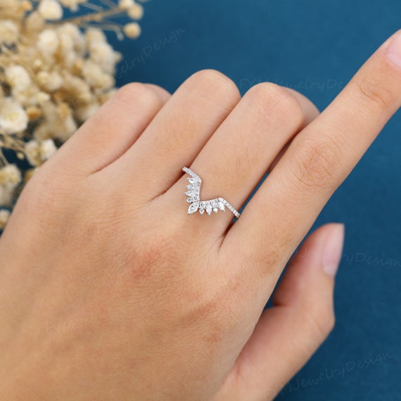 Curved wedding band women white gold vintage Unique Marquise cut Moissanite /diamond wedding band half eternity Matching Bridal Promise gift