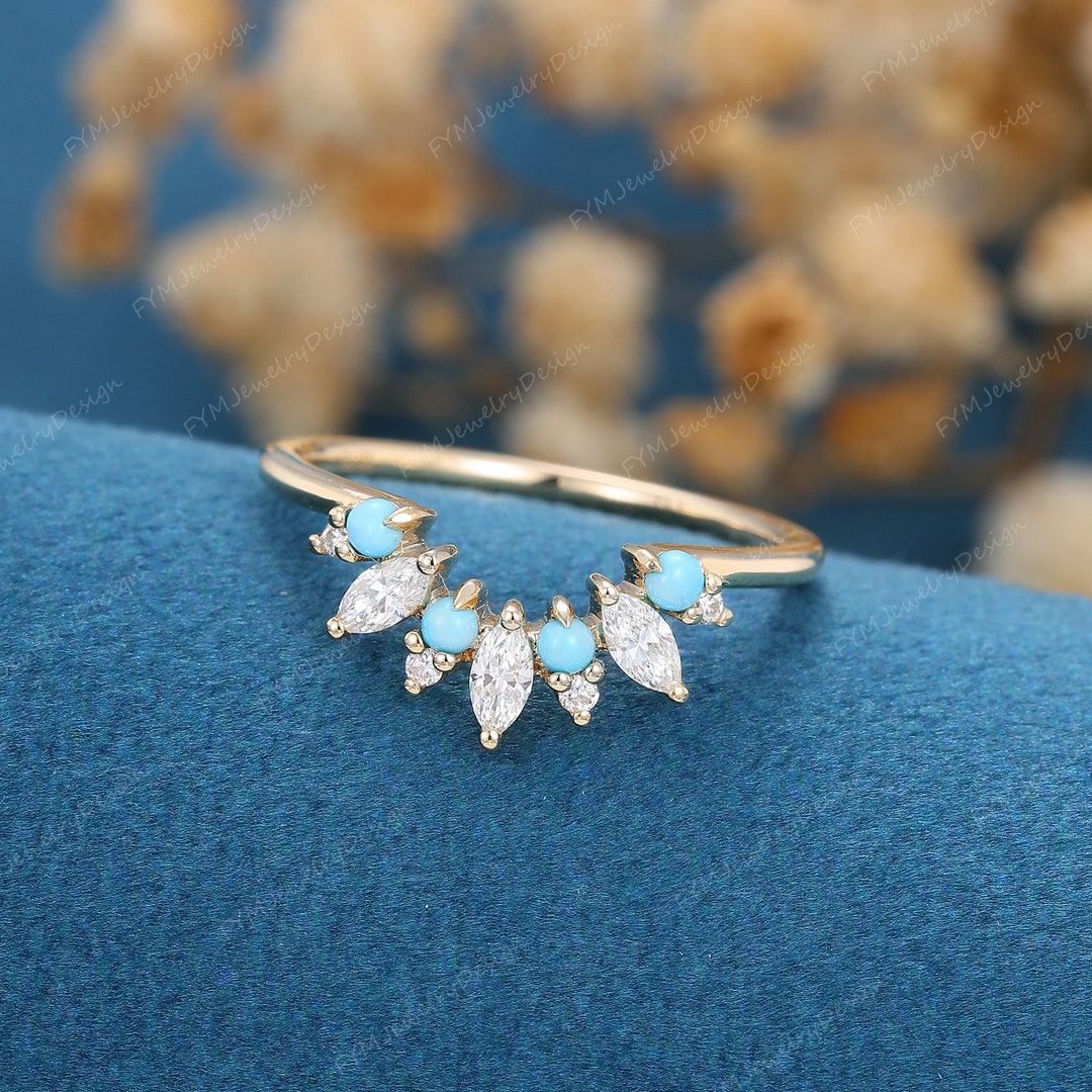 Curved Yellow Gold Wedding Band Vintage Unique Marquise Cut Moissanite ...