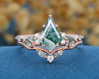 Kite Moss Agate Engagement Ring Set Vintage Rose Gold Cluster Marquise Moss Agate + Moissanite Bridal Set Stacking Moss Curved Wedding Band