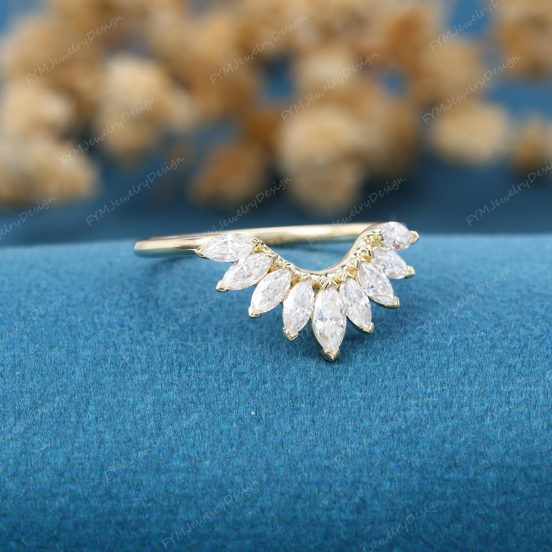 Marquise Cut Moissanite Curved Wedding Band Vintage Rose Gold Art Deco ...