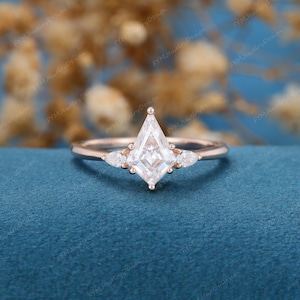 Kite Cut Moissanite Engagement Ring: Rose Gold Three Stone Bridal Ring