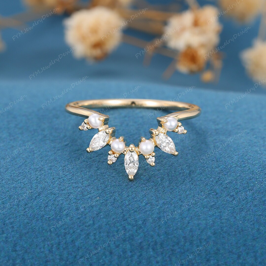 Curved Rose Gold Wedding Band Vintage Unique Marquise Cut Moissanite ...