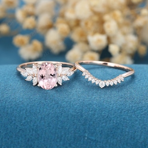 2PCS Oval Cut Moissanite Engagement Ring Set Vintage Rose Gold Marquise ...