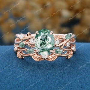 Conjunto de anillos de compromiso de ágata musgosa ovalada, oro rosa vintage, anillo nupcial con hoja de vid, alianza de boda apilable de musgo con ramita, regalos de aniversario y promesa
