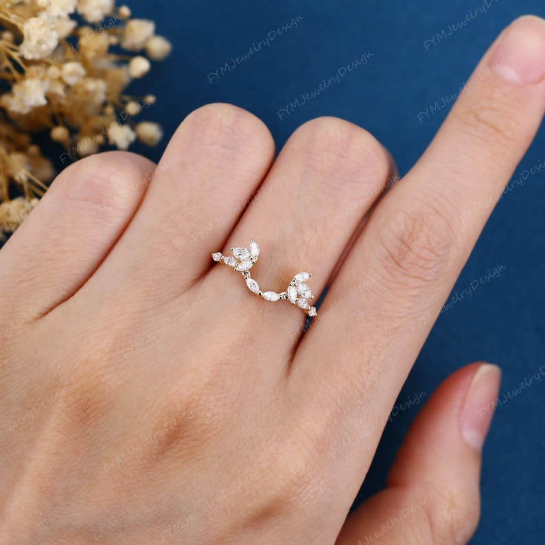 Unique Marquise Cut Moissanite Ring Yellow Gold Wedding Band Curved ...