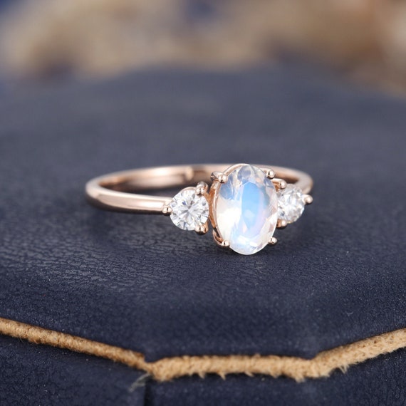 Oval Cut Moonstone Engagement Ring Unique Three Stone | Etsy