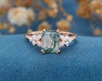 Unique Emerald Cut Moss Agate Engagement Ring women vintage rose gold cluster engagement ring marquise Diamond wedding Bridal gift for her