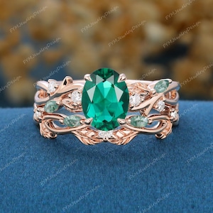 Conjunto de anillo de compromiso ovalado con esmeralda de laboratorio, alianza nupcial de oro rosa con diseño de hoja de vid, conjunto nupcial de musgo con diseño de ramitas, regalo de aniversario y promesa para mujer.