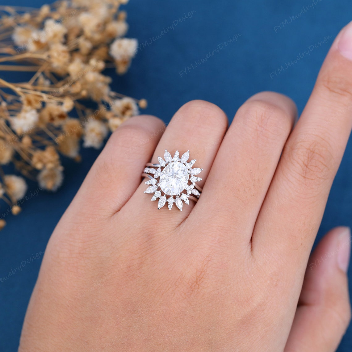 3PCS Oval Cut Moissanite Engagement Ring Set 3CT Vintage 14k White Gold ...