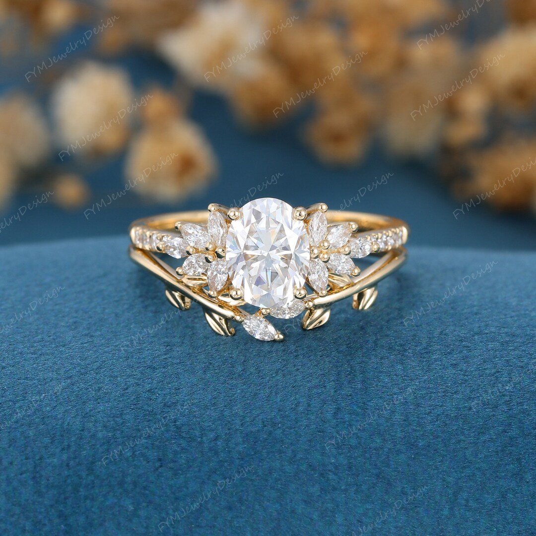 Oval Cut Moissanite Engagement Ring Set Vintage Yellow Gold Cluster ...