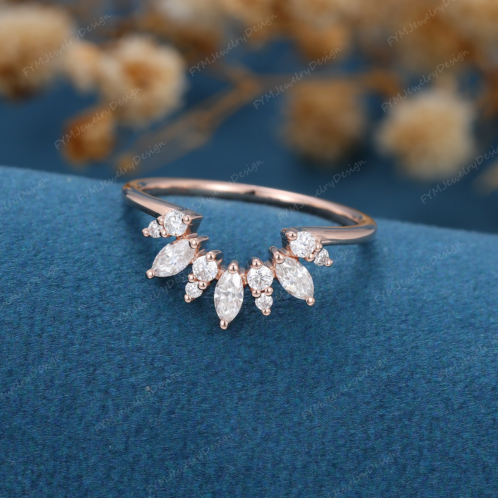Curved Wedding Band Women Vintage Unique Marquise Cut - Etsy
