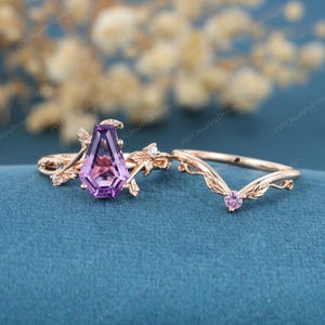 2.5CT Coffin cut Amethyst engagement ring set Unique Vintage Rose gold engagement ring Pink Sapphire wedding ring set Anniversary gift ring