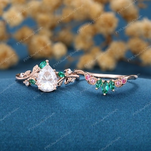 Vintage Pear Moissanite Engagement Ring Set: Rose Gold, Lab Emerald Bridal Jewelry