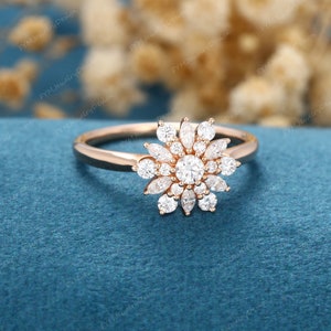 Moissanite Flower Cluster Ring Rose Gold Vintage Unique - Etsy