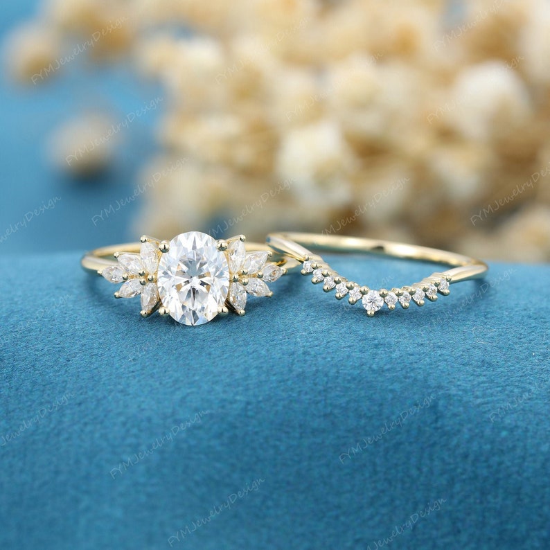 Oval Cut Moissanite Engagement Ring Set Vintage Yellow Gold Cluster ...