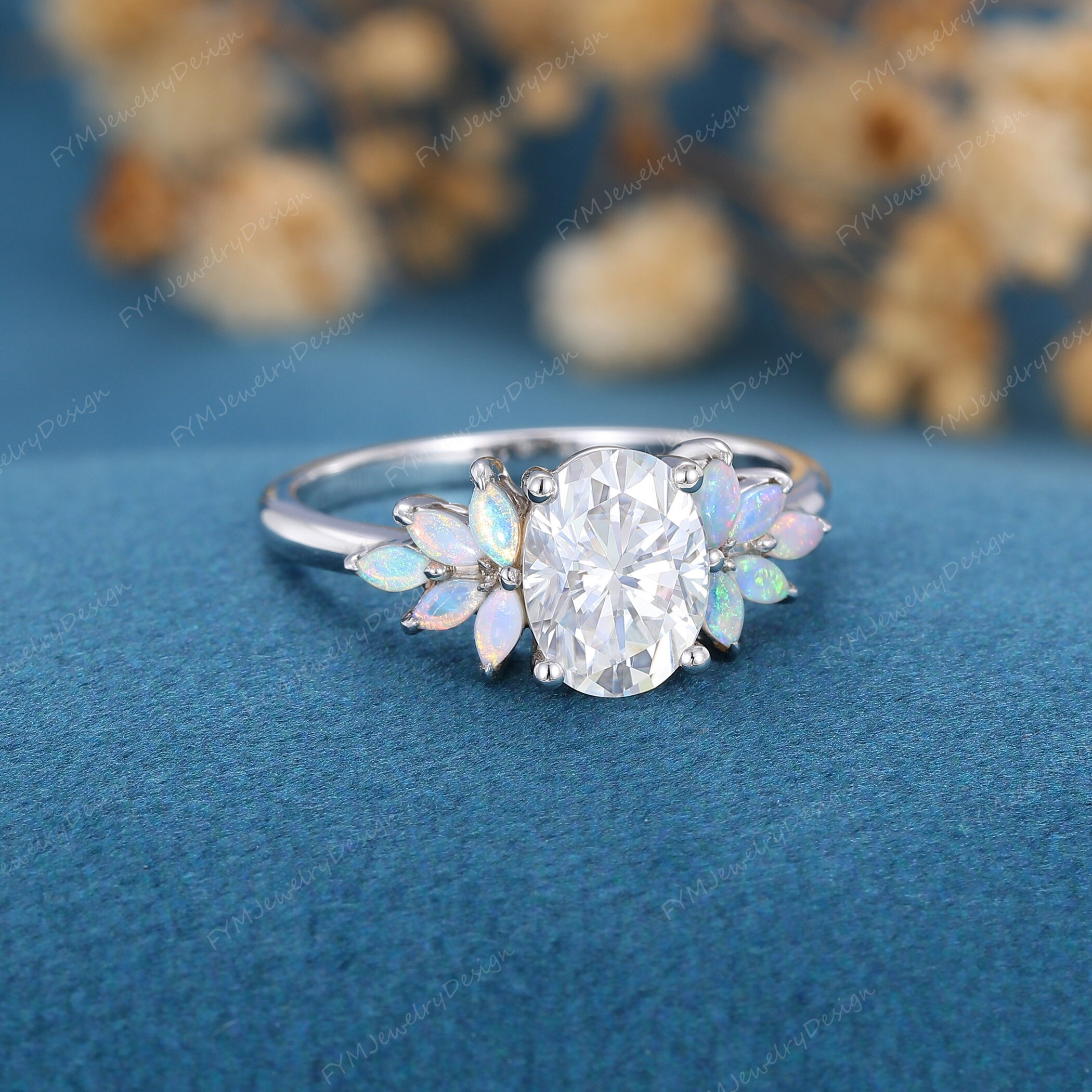 Oval Cut Moissanite Engagement Ring Vintage 14K White Gold Flower ...