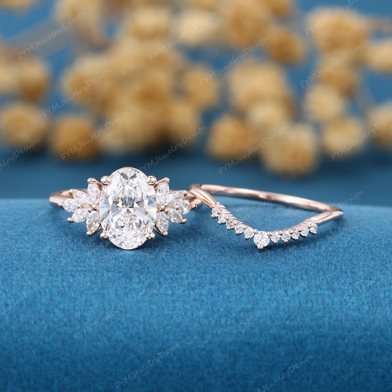 Oval Lab Grown Diamond Engagement Ring Set: Vintage Rose Gold