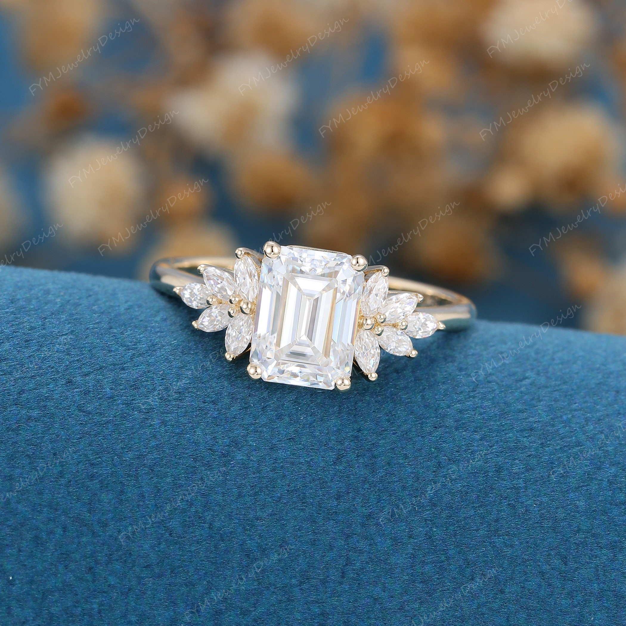 Emerald Cut Moissanite Engagement Ring Vintage Yellow Gold - Etsy