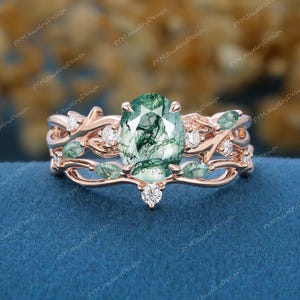 Oval Moss Agate Engagement Ring Set Vintage Solid Rose Gold Vine Leaf Twig Bridal Ring Stacking Moss Wedding Band Anniversary Gift for women