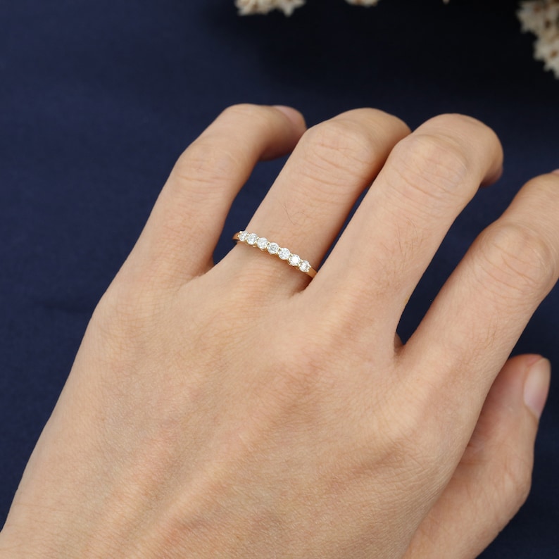 Unique wedding band vintage Yellow gold Seven stone Moissanite Promise Eternity Matching band women Diamond dainty Anniversary gift for her