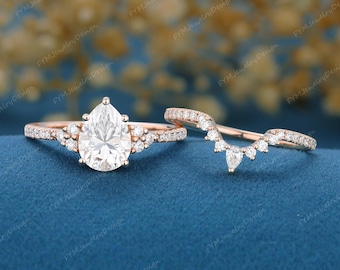 Pear Shaped Moissanite Engagement Ring Set Vintage Rose Gold Cluster Marquise Moissanite Bridal Set Stacking Moissanite Curved Wedding Band