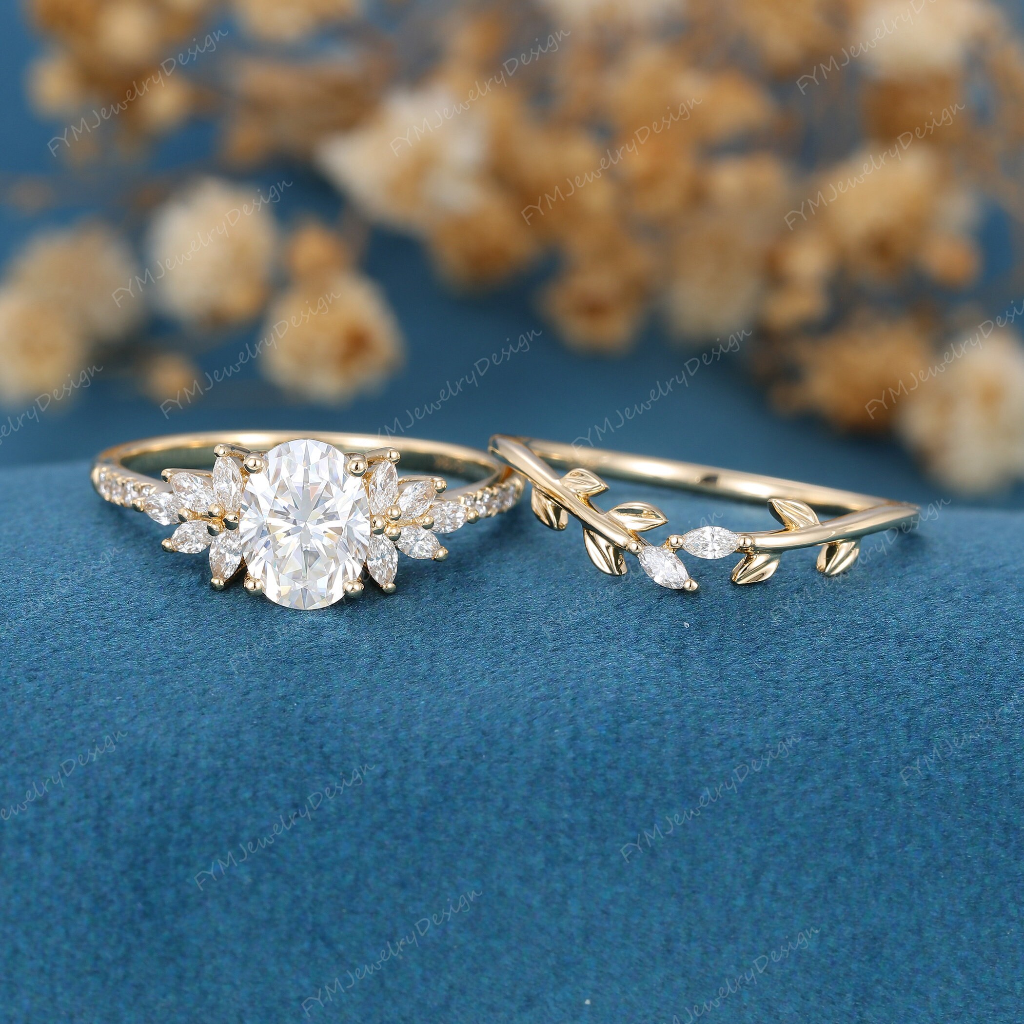 Oval Cut Moissanite Engagement Ring Set Vintage Yellow Gold Cluster ...