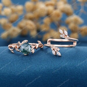 Moss Agate Engagement Ring Set: Rose Gold Leaf Twig, Diamond Bridal Set