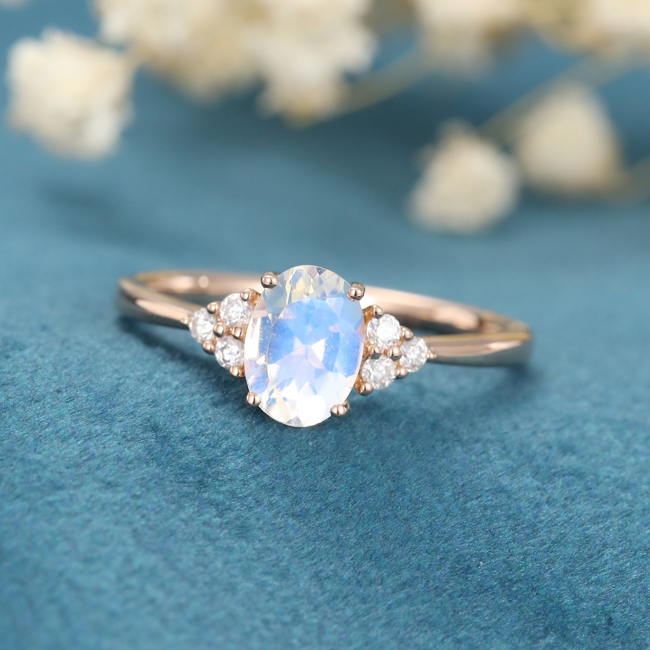Moonstone Engagement Ring Rose Gold Diamond Cluster Ring | Etsy