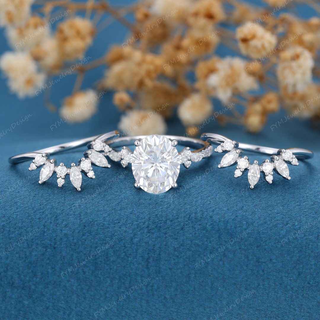 3PCS Oval Cut Moissanite Engagement Ring Set 3CT Vintage 14k White Gold ...