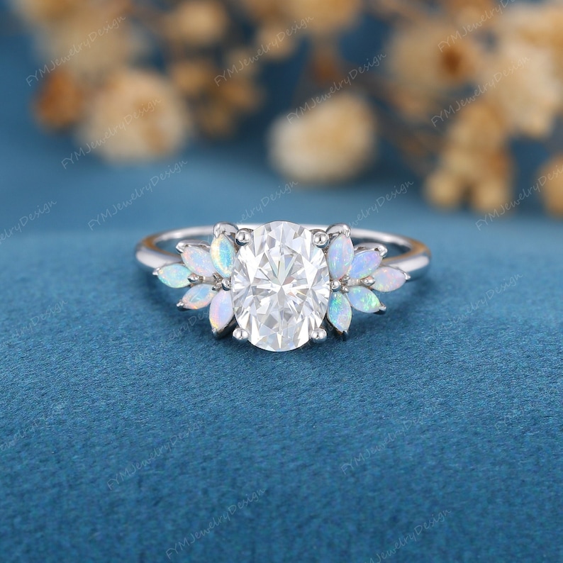 Oval Cut Moissanite Engagement Ring Vintage 14K White Gold Flower ...