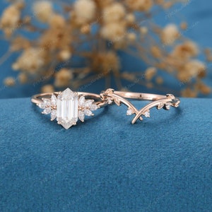 Vintage Hexagon Moissanite Engagement Ring Set Nature Inspired Rose Gold Marquise Diamond Curve Wedding Bridal Set Anniversary Gift Ring Set