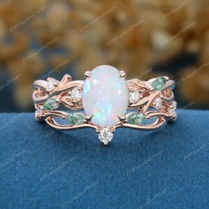 Conjunto de anillo de compromiso de ópalo ovalado, anillo nupcial de oro rosa con forma de hoja de vid, anillo apilable de ágata musgosa, conjunto nupcial, regalo de aniversario y promesa para mujer.
