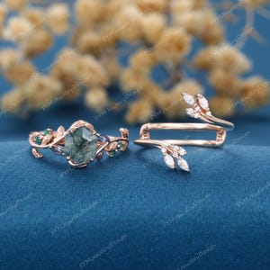 Hexagon Moss Agate Engagement Ring Set: Rose Gold Double Diamond Bridal Jewelry