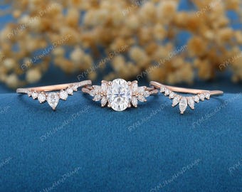 3PCS Oval cut moissanite engagement ring set Rose gold flower cluster diamond bridal set Stacking curved wedding band Promise gifts for her