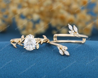 Unieke peergeslepen lab-gekweekte diamanten verlovingsring set geelgouden bruids set unieke natuur blad takje stapelen open trouwring cadeau voor haar